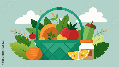 A basket inspired by the garden featuring homemade herbal infusions gourmet veggie chips and organic fruit spreads..