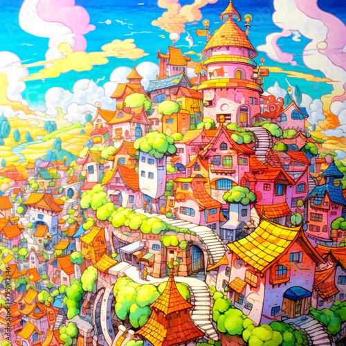 Colorful Castle Town Illustration