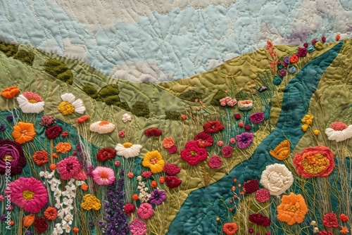 Flower field quilt needlework embroidery. photo