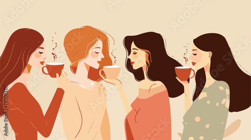 Women holding cups of hot coffee on beige background