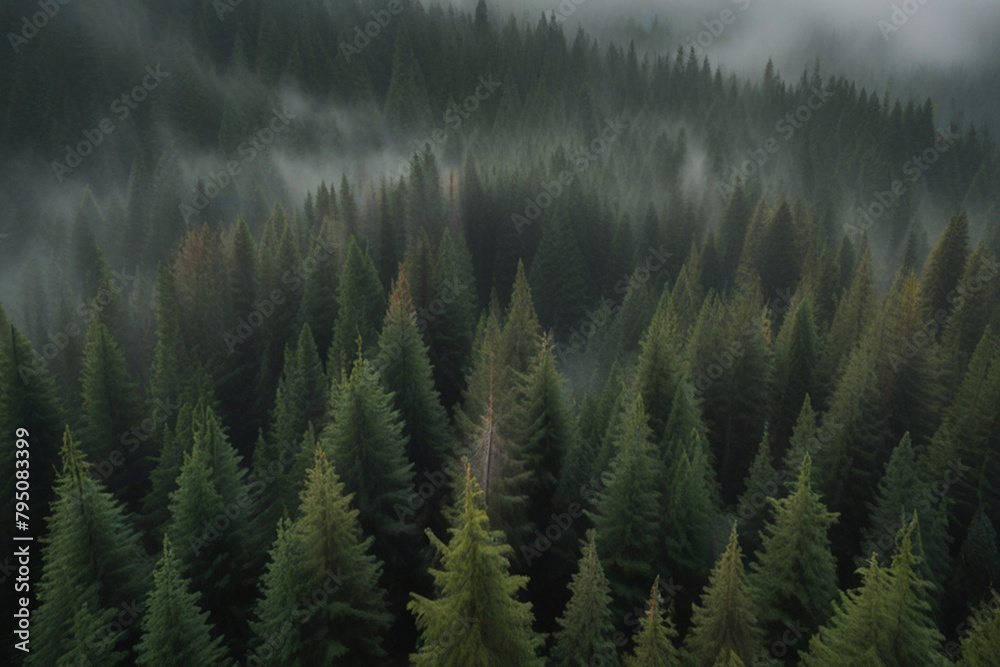 Evergreen forest view from overhead fog rolling in loo Evergreen forest view from overhead fog rolling in loo