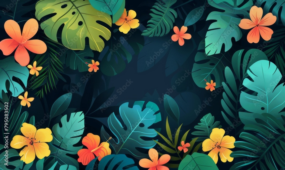 Tropical plants and flowers background vector illustration