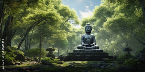 Buddha statue in green forest Generative AI