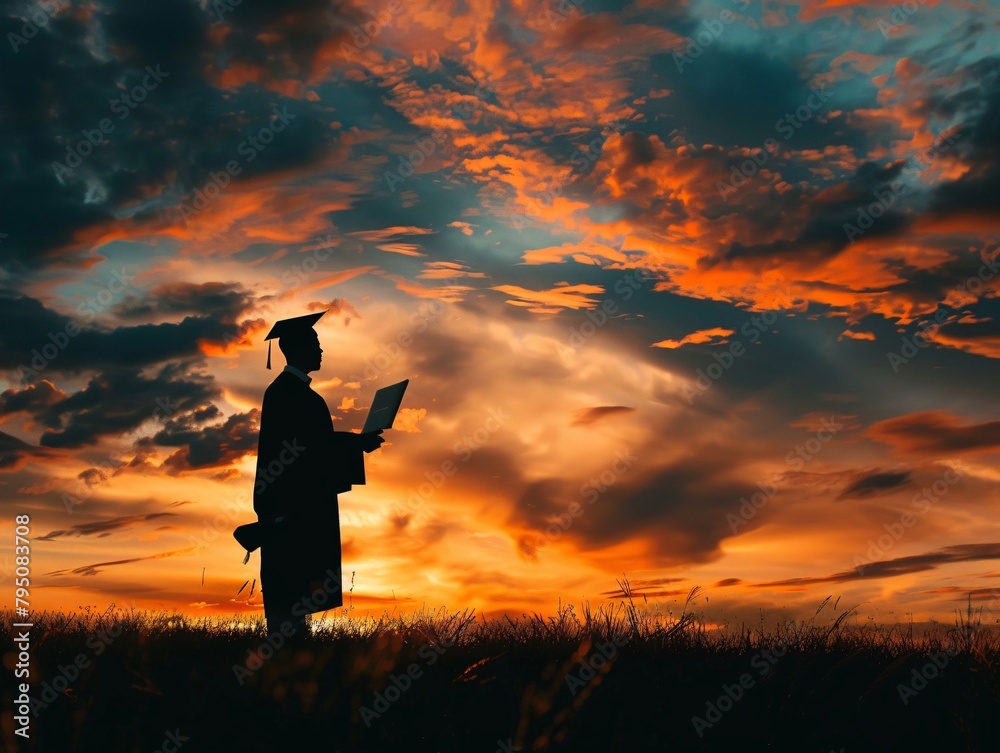 a silhouette of a man in a graduation gown holding a laptop