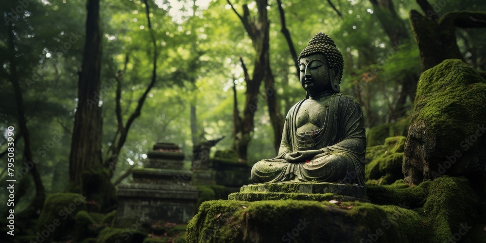 Buddha statue in green forest Generative AI