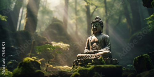 Buddha statue in green forest Generative AI © ShPRoman