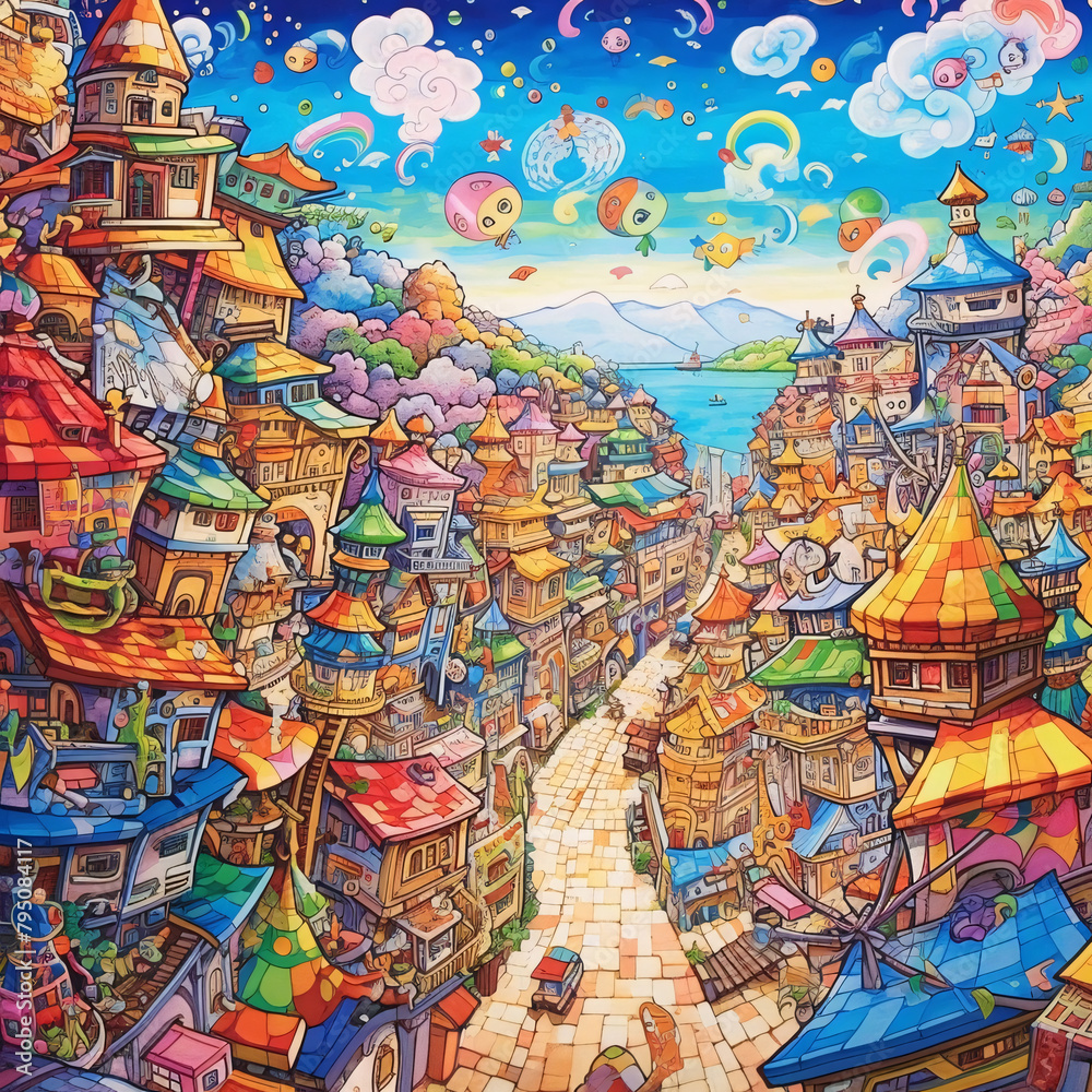 Fototapeta premium Colorful Illustrated Fantasy Town with Floating Buildings and Balloons