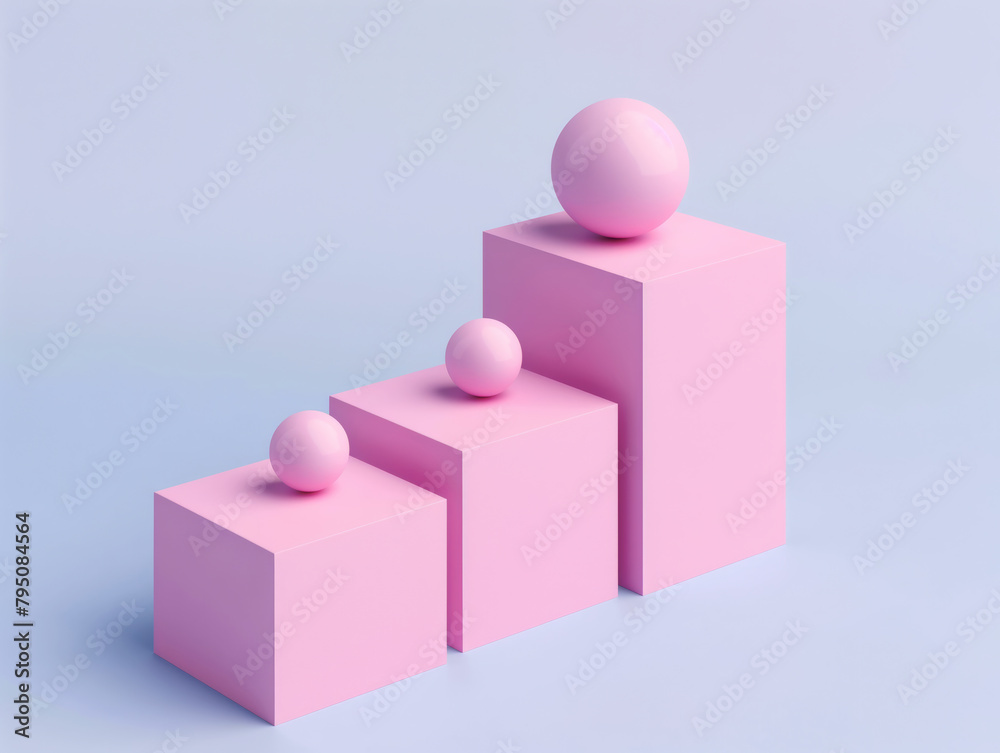Pink spherical object on geometric blocks with blue background. Minimalistic design and composition. Abstract concept for design, banner, and poster. Studio photography with shadow play Pink spherical object on geometric blocks with blue background. Minimalistic design and composition. Abstract concept for design, banner, and poster. Studio photography with shadow play