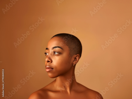 Profile of a young woman with a bun hairstyle on a beige background. Studio portrait with a concept of natural beauty and simplicity. Design for poster  banner  and beauty concept.