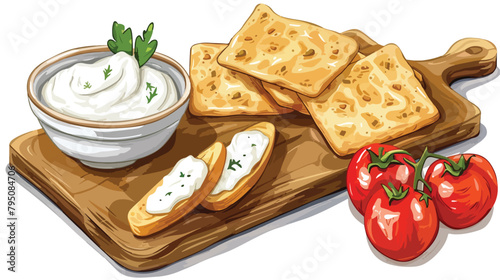 Wooden board with tasty crispbreads bowl of cream che photo