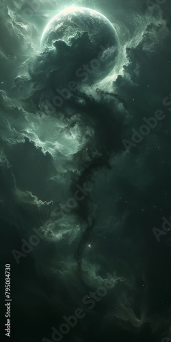 A dark space with a large planet and a long, dark cloud. Scene is mysterious and otherworldly