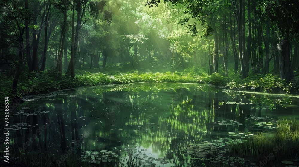 A tranquil pond nestled within a serene forest, its still waters reflecting the verdant canopy above like a shimmering mirror. A tranquil pond nestled within a serene forest, its still waters reflecting the verdant canopy above like a shimmering mirror.