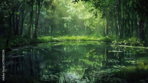 A tranquil pond nestled within a serene forest, its still waters reflecting the verdant canopy above like a shimmering mirror. photo