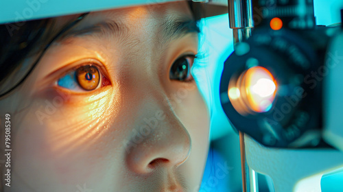 Child eye close-up during an ophthalmology exam, health and vision care concept