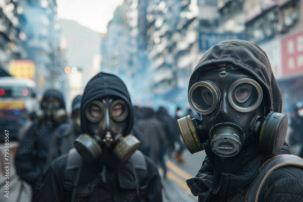 Gas masks worn by protesters in a polluted city Gas masks worn by protesters in a polluted city