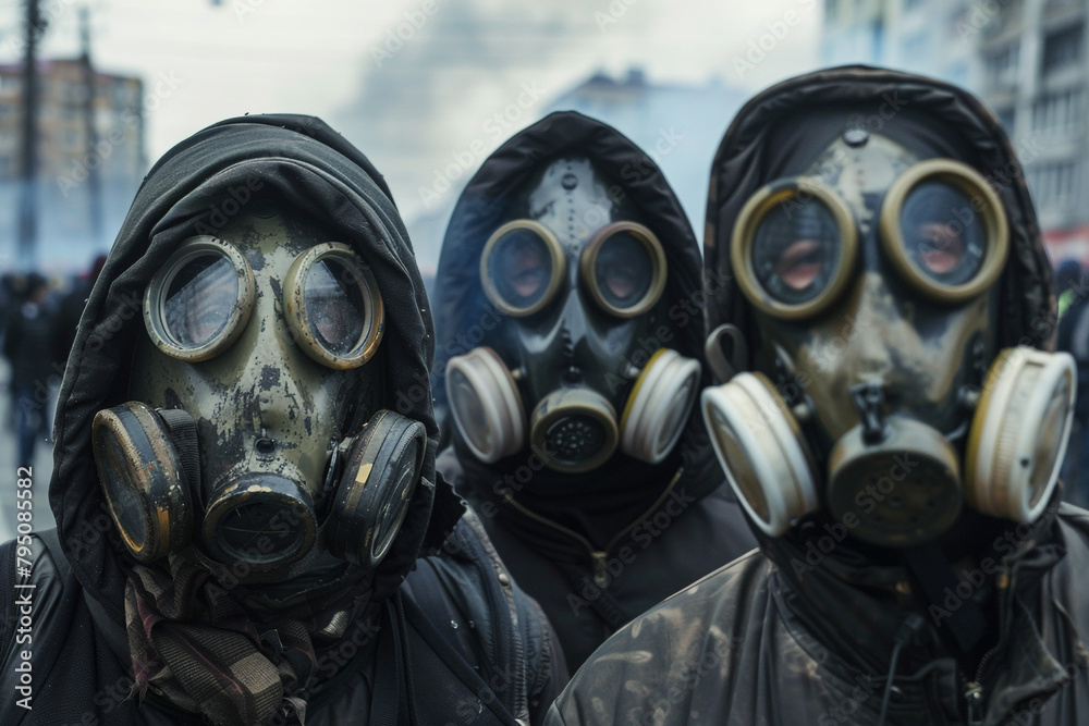 Gas masks worn by protesters in a polluted city