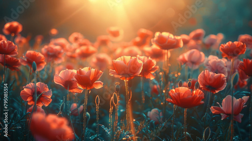 A field of red flowers with the sun shining on them photo