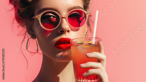A chic lady wearing sunglasses enjoys iced tea against a retro backdrop, flaunting vintage attire. Detailed shots focus on her face and hands, grasping the glass and straw, stirring up nostalgic summe photo