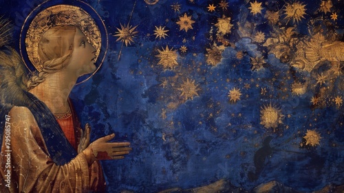dark blue sky, Byzantine painting, Christian painting, Madonna figure, gold, blue color selection, 16:9