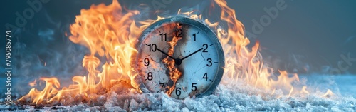 A clock ablaze with flames in the center of a room, emitting smoke and heat