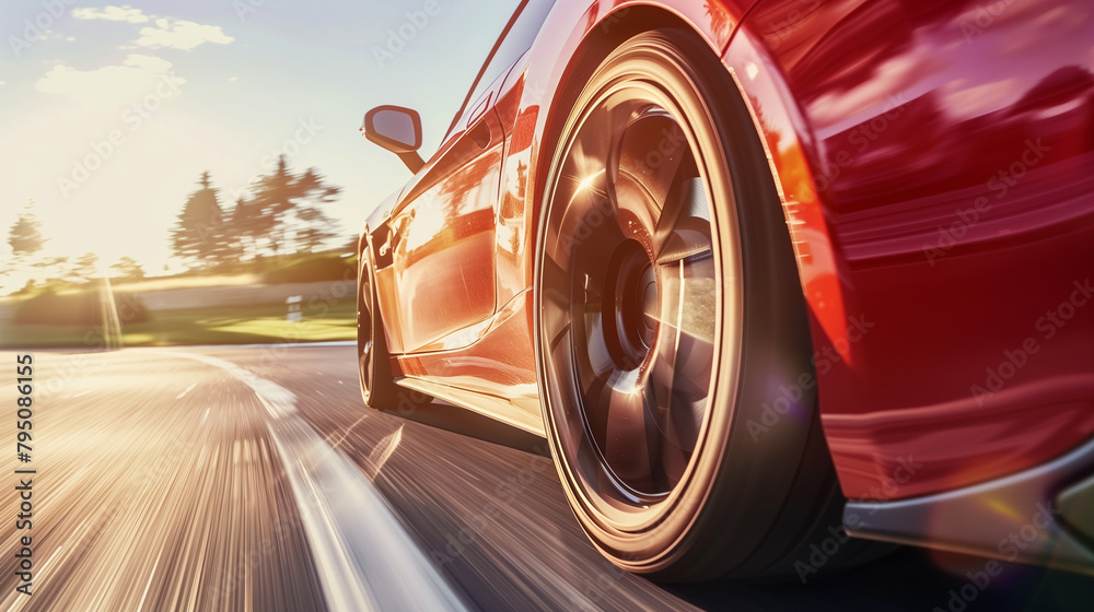A red sports car is speeding along the highway. close-up of the wheel and the road. A red sports car is speeding along the highway. close-up of the wheel and the road.