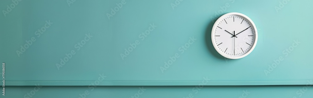 A clock attached to a monochromatic wall in a room, displaying the time A clock attached to a monochromatic wall in a room, displaying the time