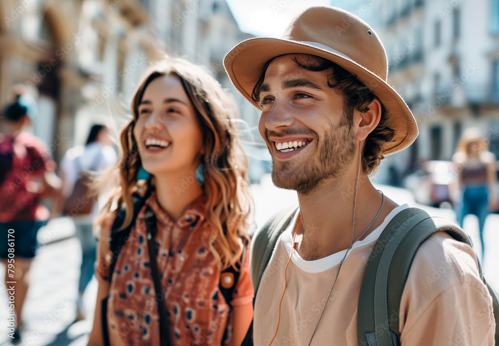 Young couple joyfully explores city streets on vacation, man in hat smiles beside his girlfriend in an old town. They're happy, discovering new places together.