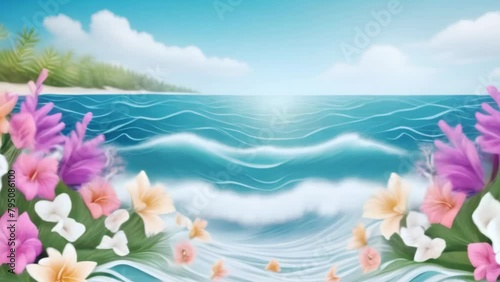 sea landscape with summer flowers and waves,  Generative AI photo