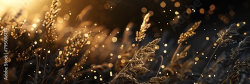 Abstract golden grasses with sparkling lights on dark background © wanna