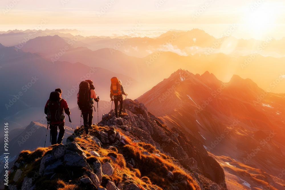 Adventurous group hiking at sunrise on a mountain ridge, breathtaking scenery with golden light