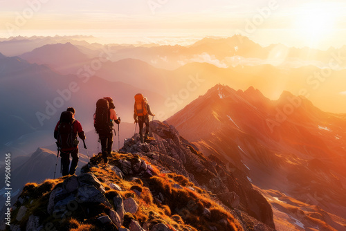 Adventurous group hiking at sunrise on a mountain ridge, breathtaking scenery with golden light