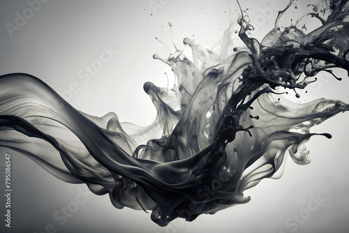 Dynamic black ink swirls in water; abstract, monochrome art