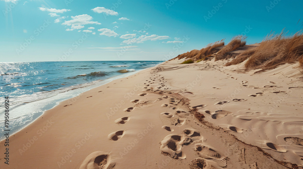 Sandy dunes on the shore of the sea bay. Footprints 