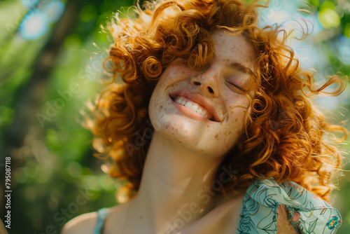 Image of pritty young woman with curly red hair, freckles, summer dress, joyfully enjoying her time outdoors, nestled among greenery. Vibrant and engaging portrait captures happiness, carefreenes.