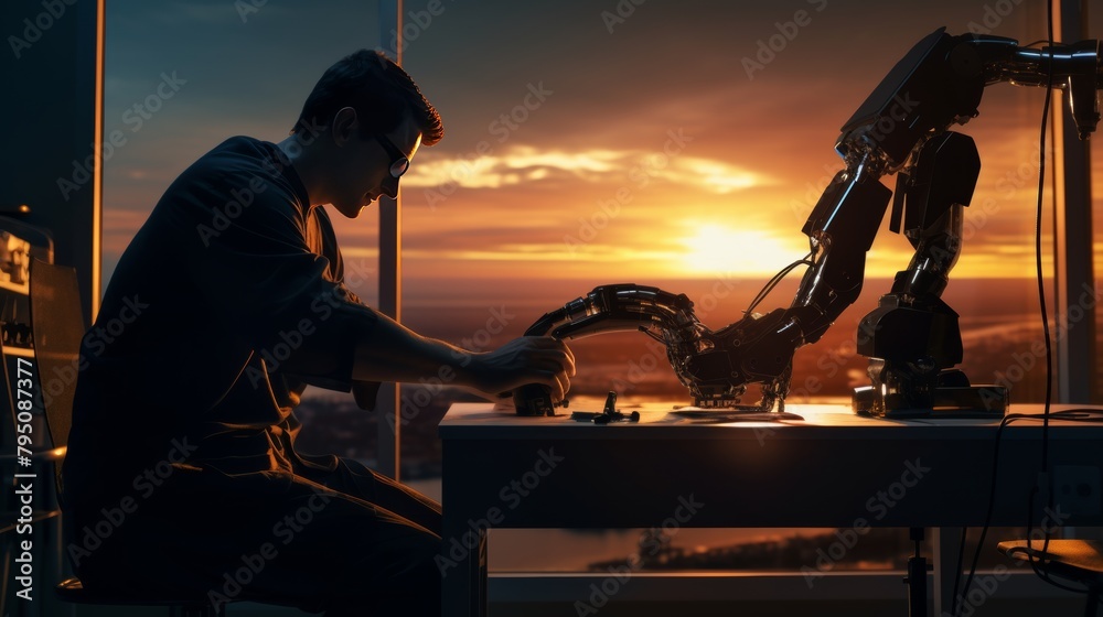 Fototapeta premium biomedical engineer working on a prosthetic limb, using precise tools and intricate designs.