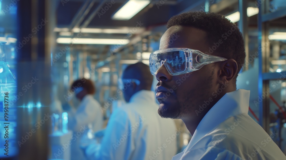 Scientific exploration, Engineers in protective glasses conduct research on new energy sources at an R&D center, showcasing dedication to innovation