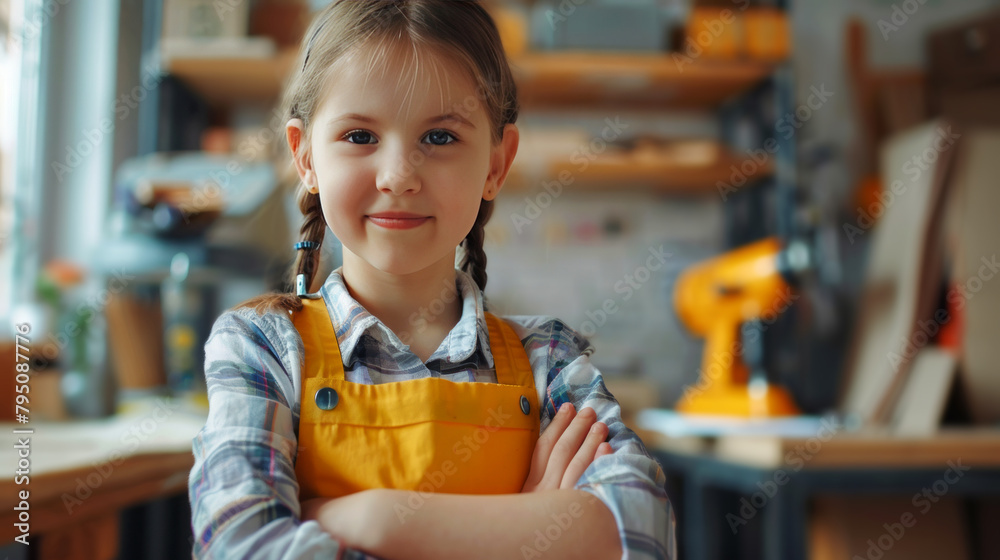 Confident young girl in a workshop, portraying empowerment and creativity in a maker environment Confident young girl in a workshop, portraying empowerment and creativity in a maker environment