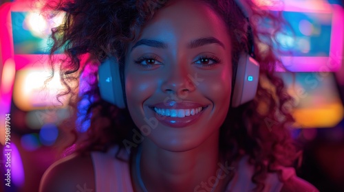 happy gamer girl wearing headset in room with bokeh light, online culture, content creator, Generative Ai