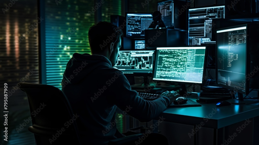 A silhouette of a software engineer typing code on a computer screen in a dark office. A silhouette of a software engineer typing code on a computer screen in a dark office.