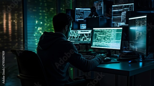 A silhouette of a software engineer typing code on a computer screen in a dark office.