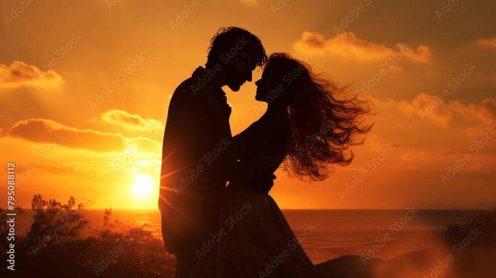 A silhouette of two people embracing against a beautiful sunset, creating a romantic and heartwarming image.