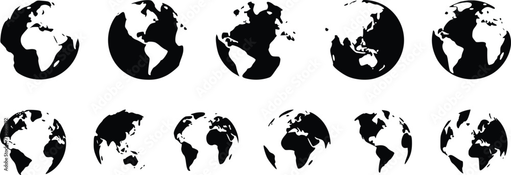 Earth globe set. World map in globe shape. Earth globes collection. Flat style