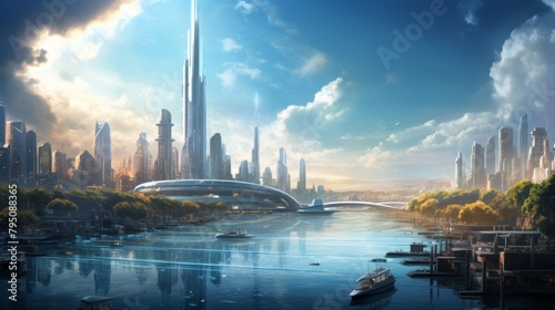 A stunning depiction of a futuristic cityscape powered by a network of towering hydrogen fuel cells, emitting nothing but clean water vapor.