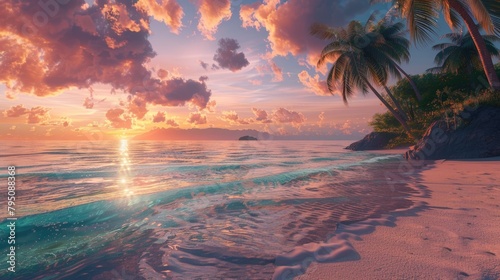 Tropical Beach Sunset with Palm Trees and Calm Ocean Waves