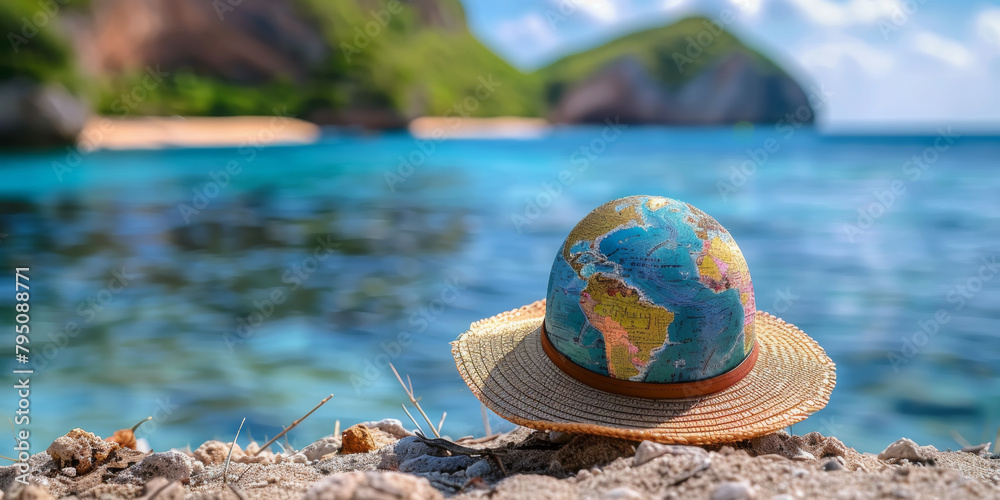 A hat with a globe on it is sitting on a beach. The beach is calm and peaceful, with the ocean in the background