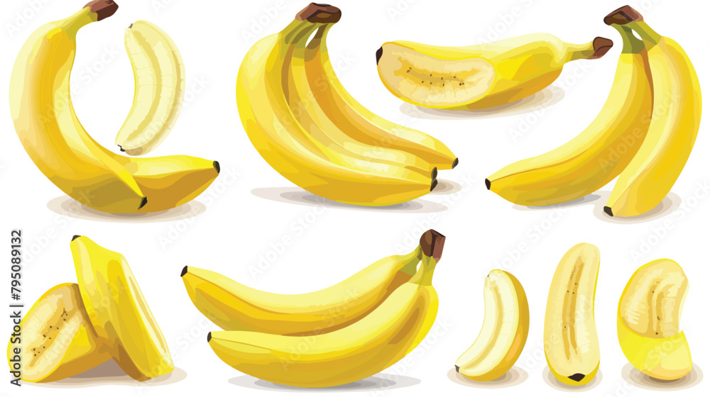 Yellow bananas set on white background. Vector illustration
