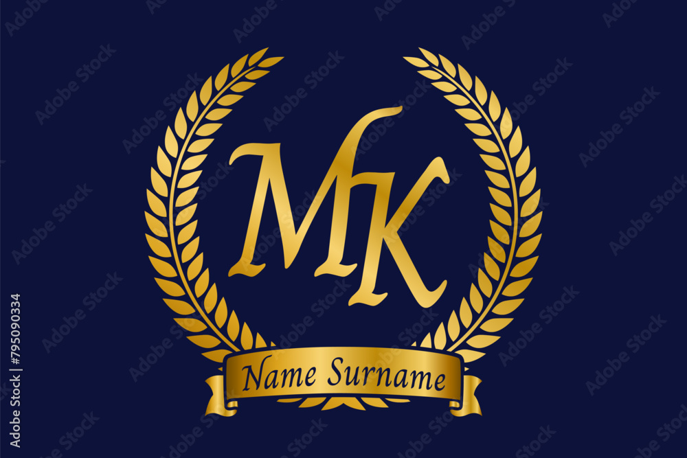 Initial letter M and K, MK monogram logo design with laurel wreath