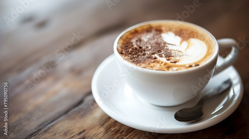 Coffee in white cup on wooden table in cafe
