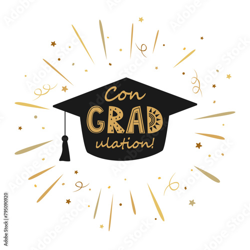 Congratulations on graduation, graduate cap with Congradulation lettering in retro gold firework frame. Greeting card design element for graduation party. Vector isolated illustration. © Toltemara