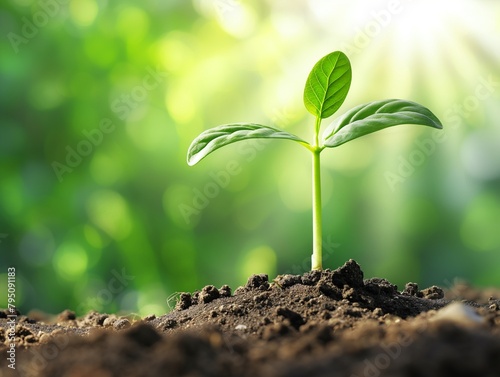 A seedling growing on a pile of coins has a natural backdrop, blurry green